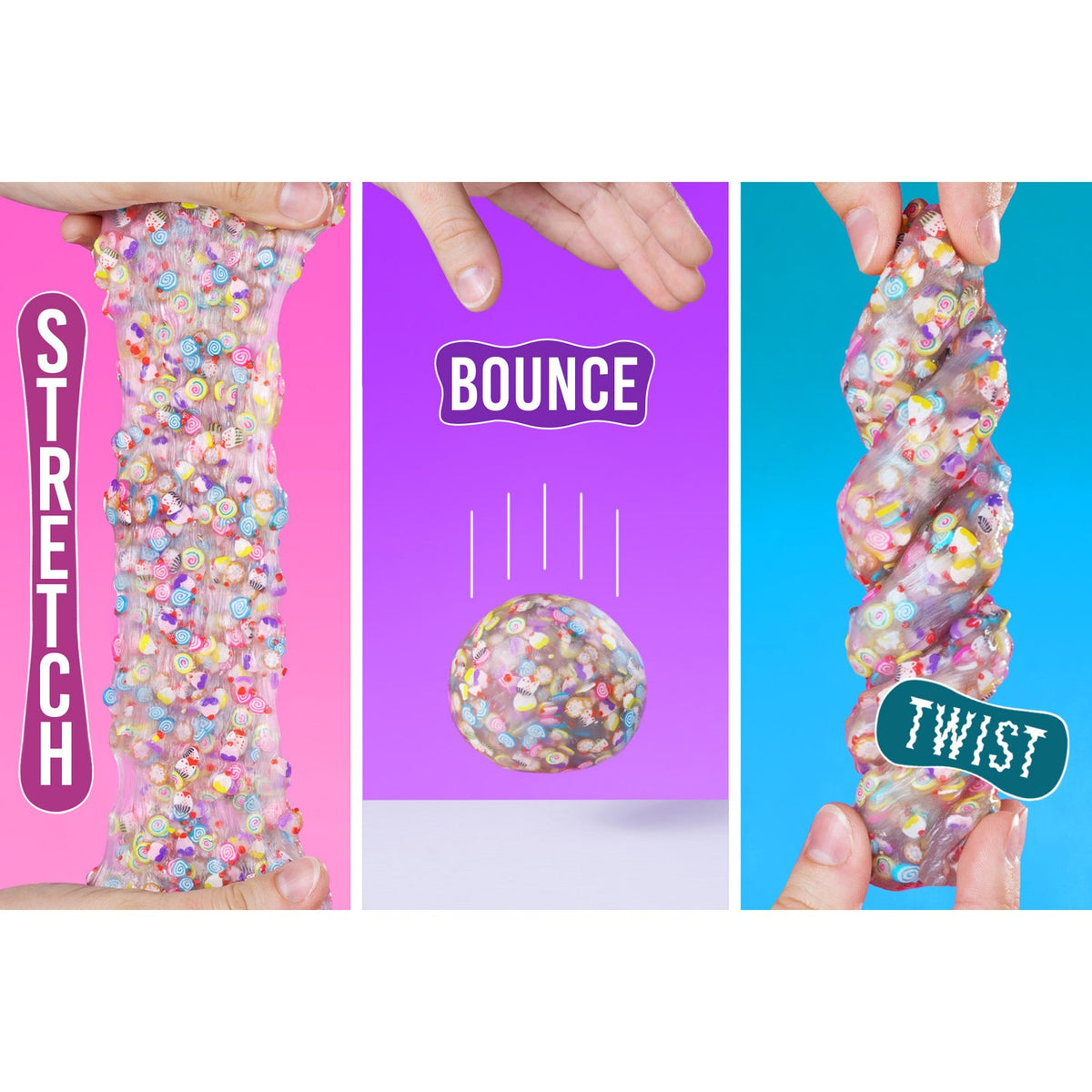 Three stages of colorful slime: stretch, bounce, and twist, with corresponding labels on a white background.