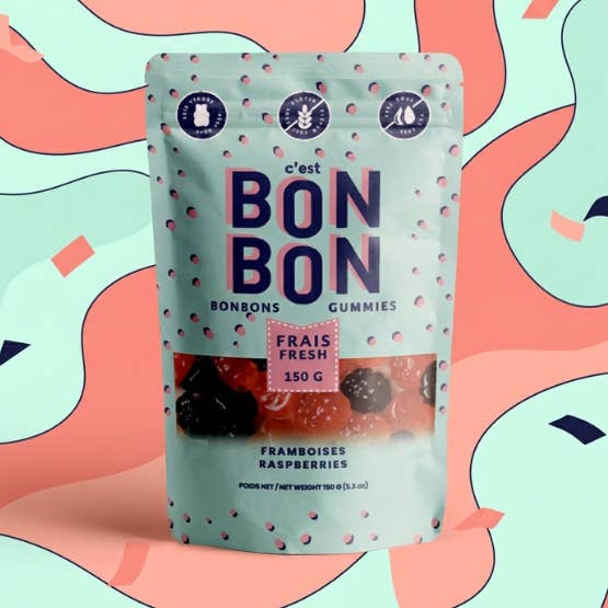 Packaging of Bon Bon Gummies with a colorful abstract background