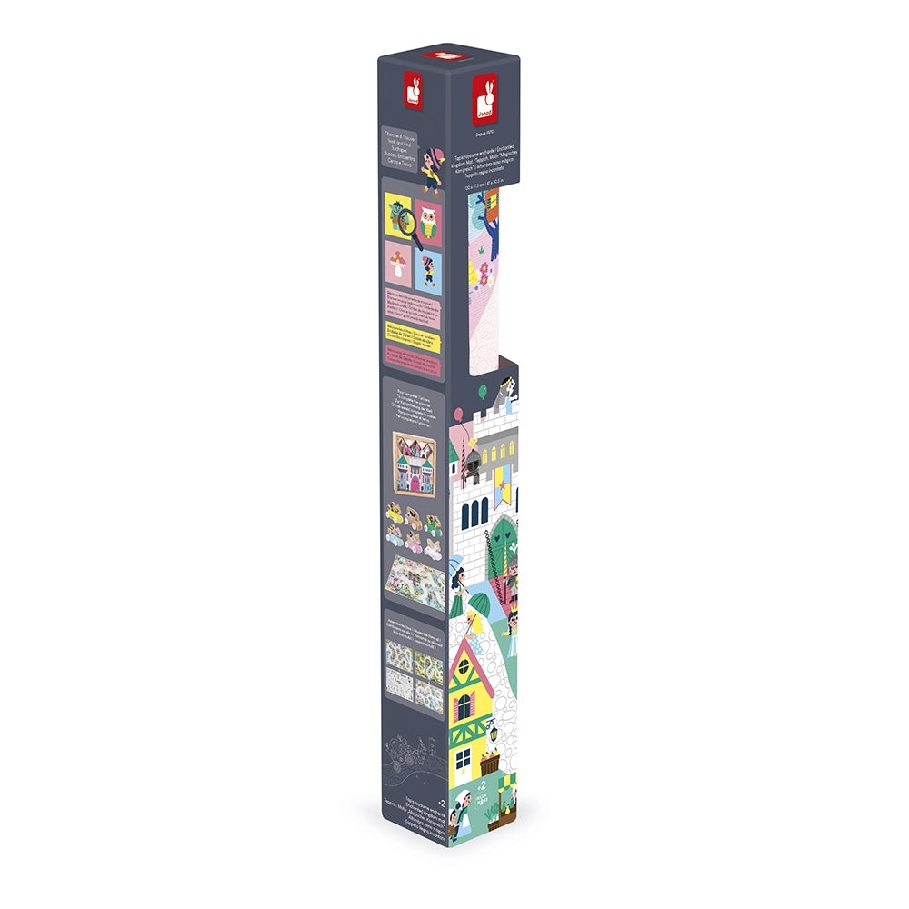 Tall, narrow packaging box with colorful illustrations on a white background