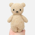Small beige teddy bear held in a hand against a white background