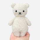 Small white teddy bear held in a hand against a white background