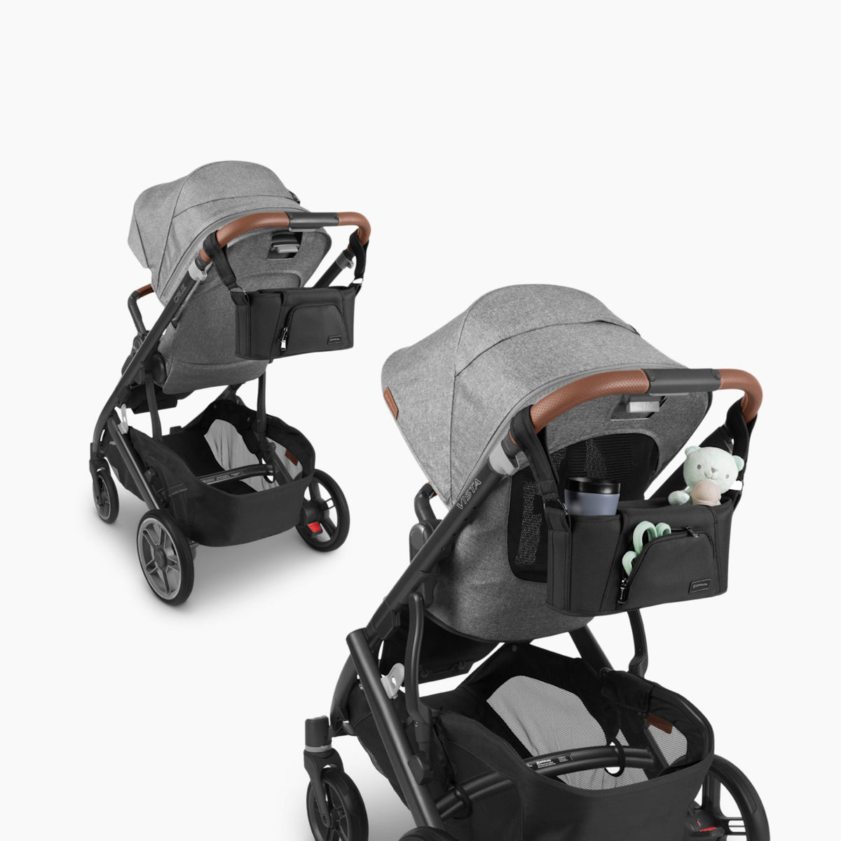 Gray and black stroller with storage basket on a white background
