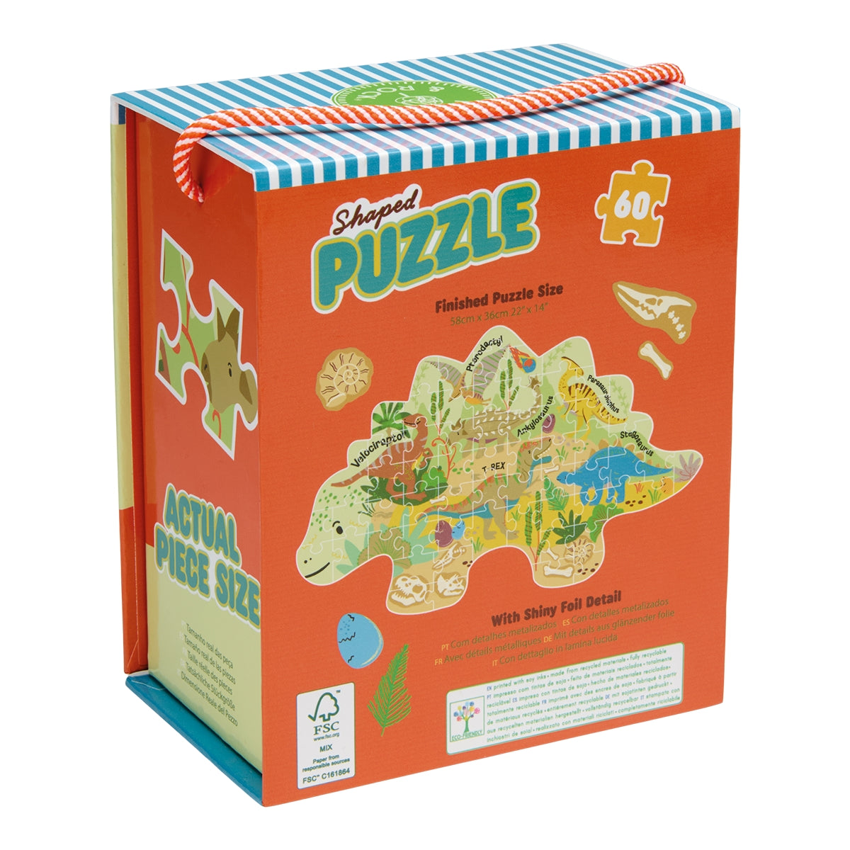 Dinosaur-shaped puzzle box with colorful design on a white background