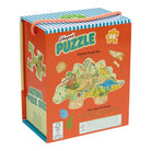 Dinosaur-shaped puzzle box with colorful design on a white background