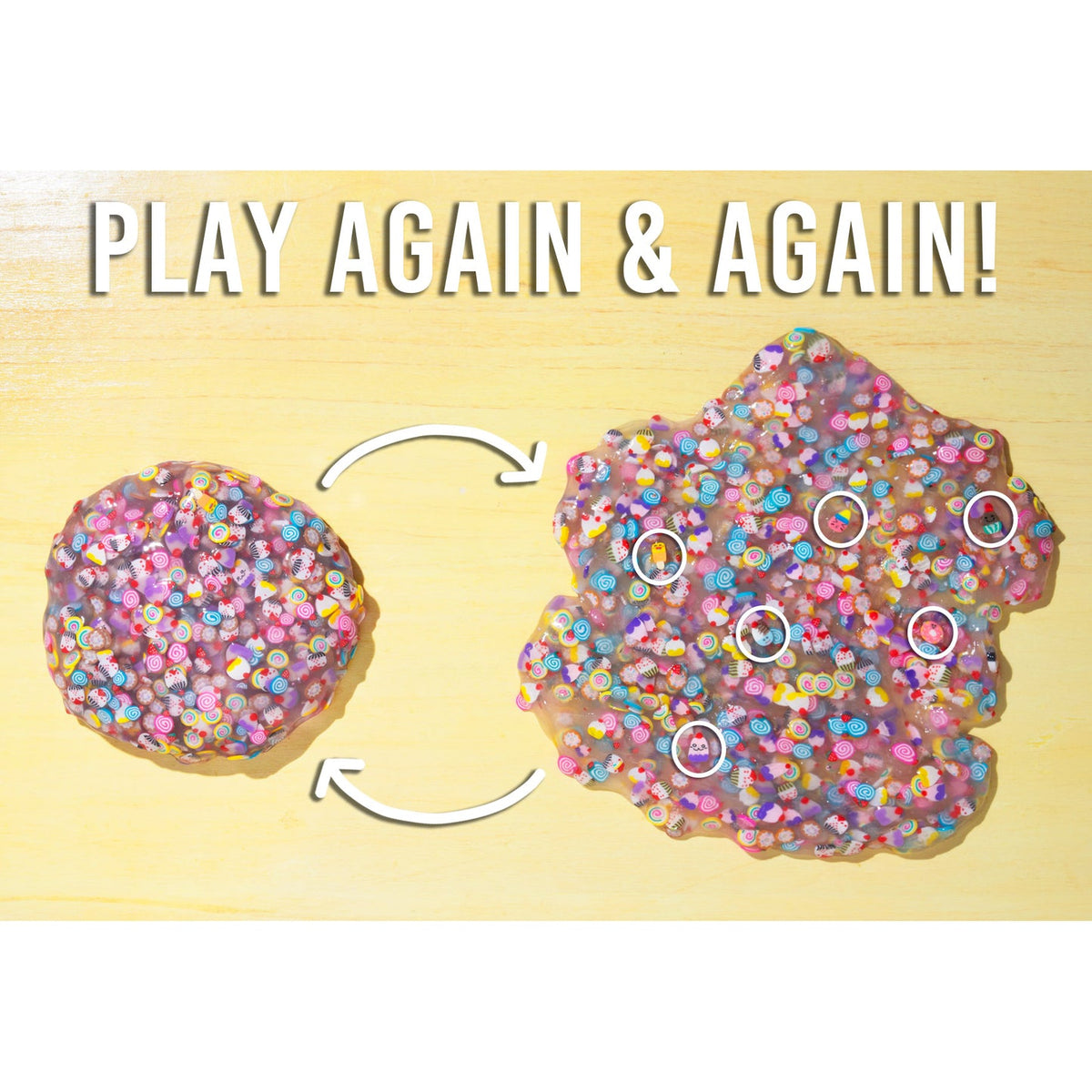 Colorful glittery ball transforming into a larger pile with 'Play Again & Again!' text on a yellow background.