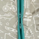 Pouch with teal zipper featuring white illustrations of a bicycle, fish, canoe, and trees on a gray background.
