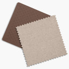Two fabric swatches, one brown and one beige, on a white background
