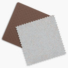 Two textured samples, one brown and one gray, on a white background