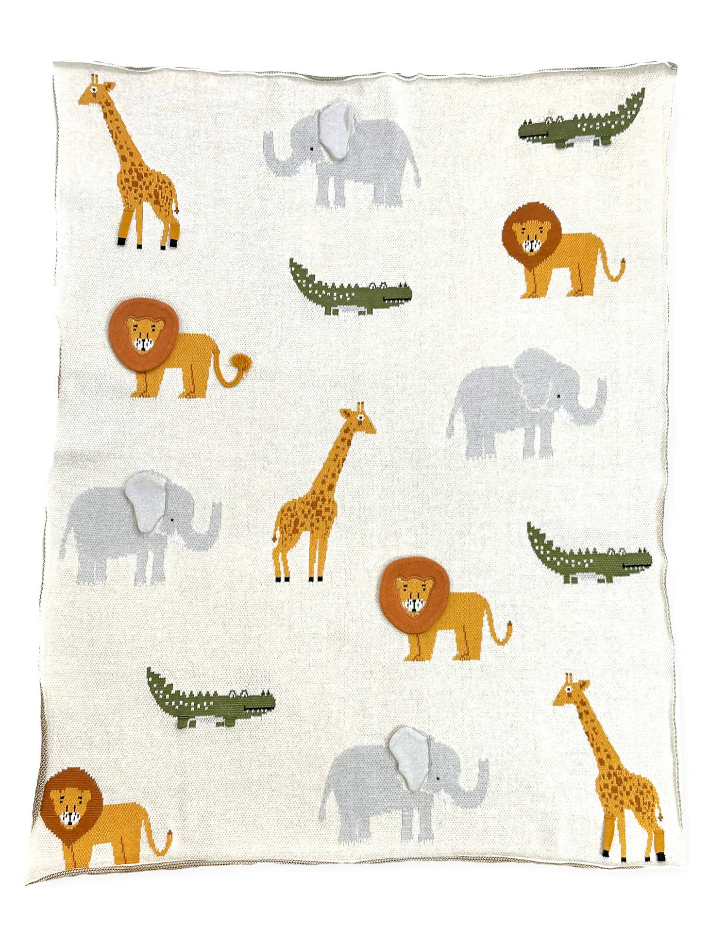 knit blanket with a cream background and a pattern of giraffes, aligators, lions, and elephants.  the elephants ears are 3D