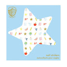 A star-shaped nail sticker with a white background and a colorful school-themed pattern, displayed on a light blue square card with the Daydream Society logo and text.