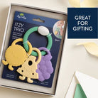 Itzy Trio baby teether set in packaging with text 'Great for gifting'.