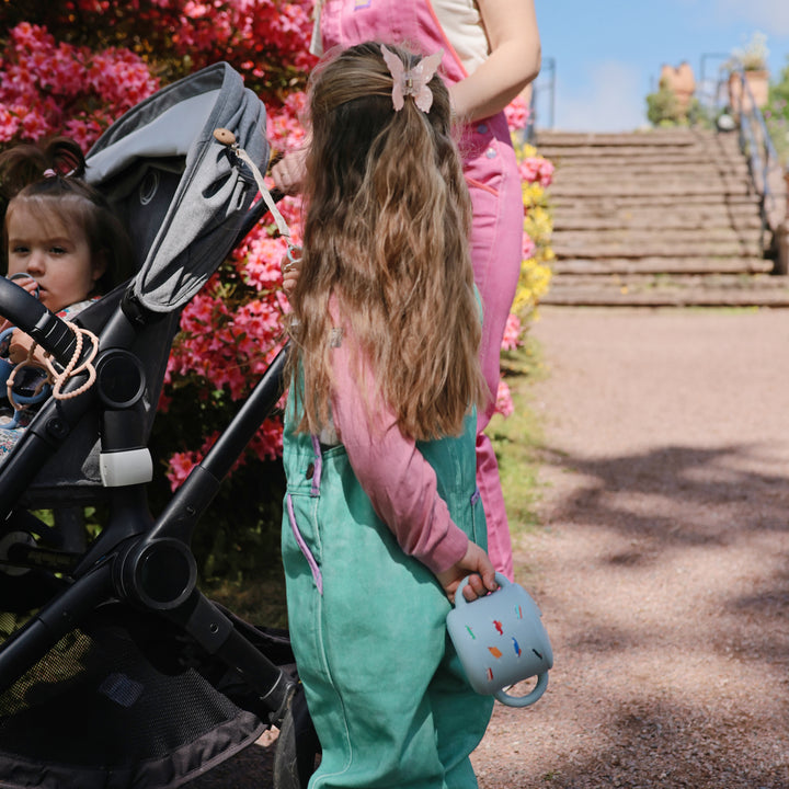 Two children, one in a stroller and the other holding a cup, walking along a path with pink flowers and steps in the background.
