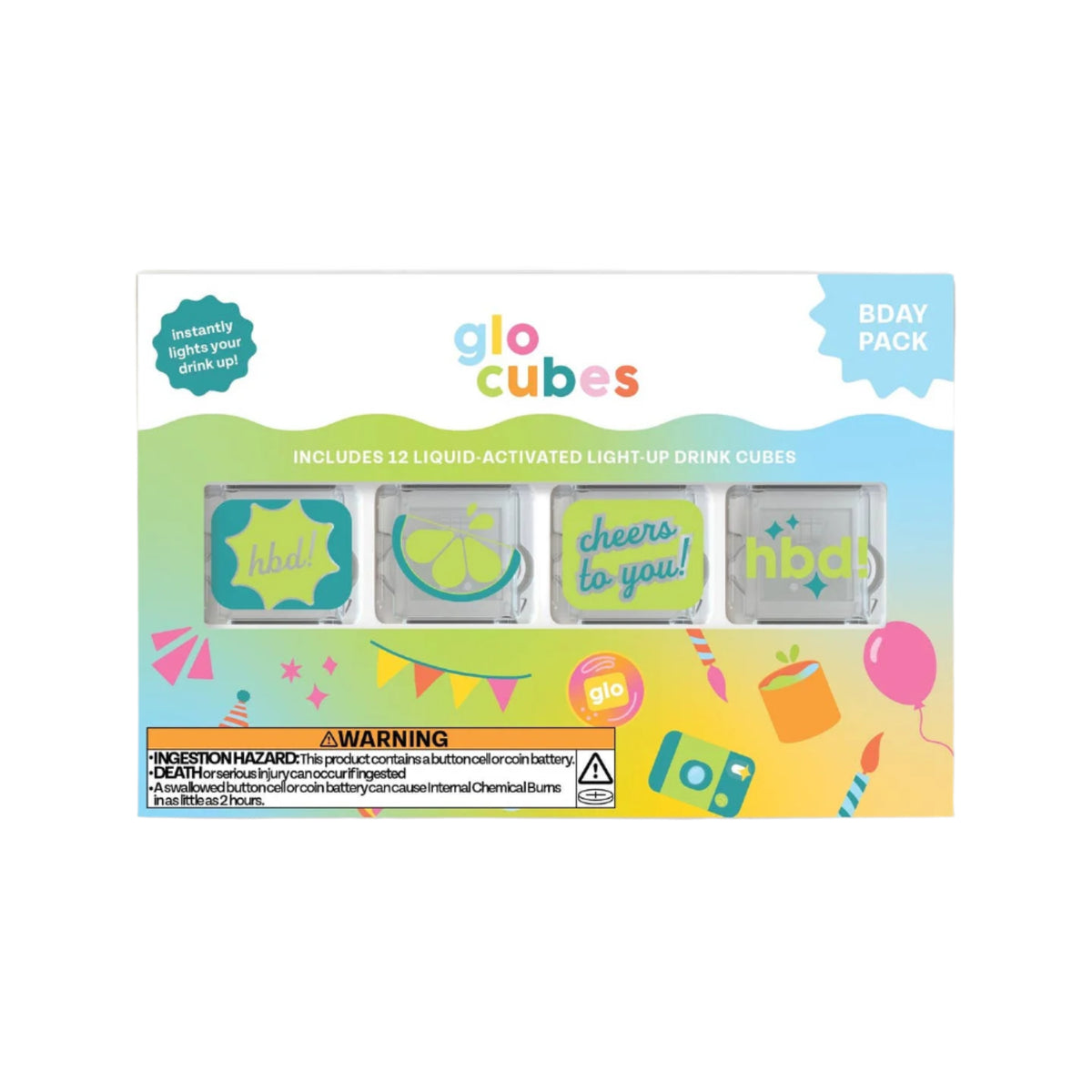 Packaging of glo cubes with colorful design and text on a white background