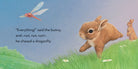 Illustration of a bunny chasing a dragonfly with text on a blue sky and green grass background.