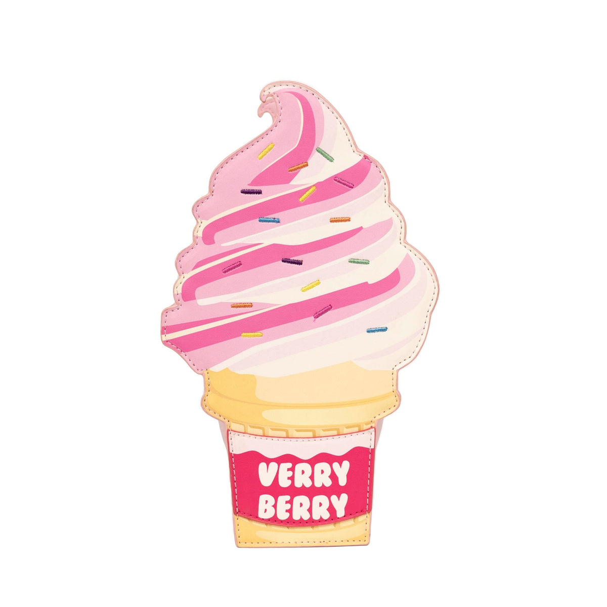 Ice cream cone-shaped pillow with pink and white swirls and 'Very Berry' text on a white background