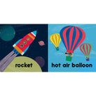 Illustration of a rocket and hot air balloons with labels on a white background