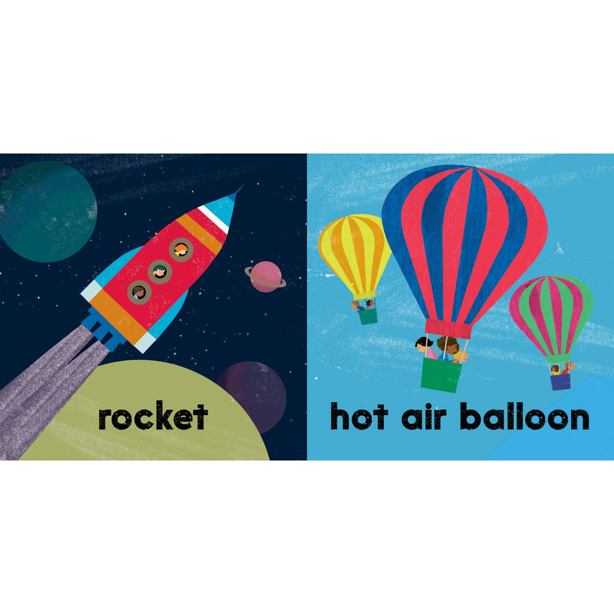 Illustration of a rocket and hot air balloons with labels on a white background