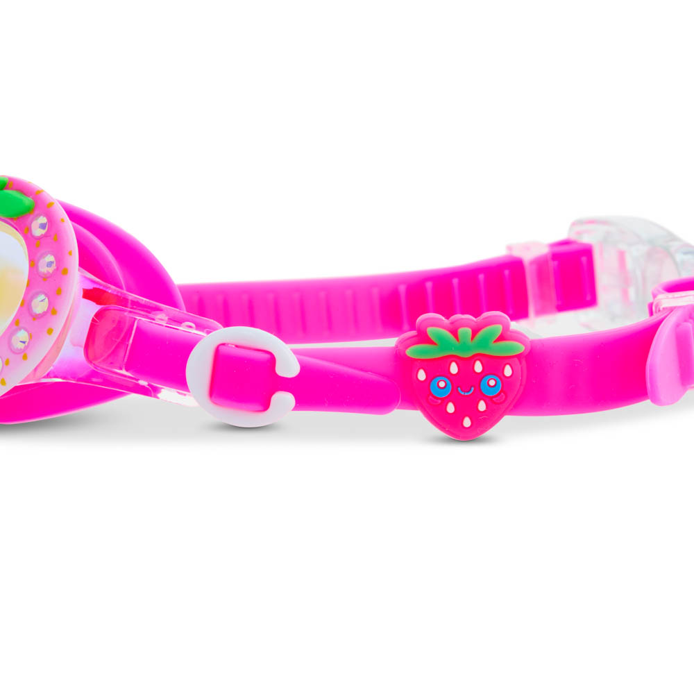 Pink sunglasses with strawberry design on a white background