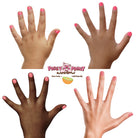 Four hands with pink nail polish and a visible 'Piggy Paint' logo.