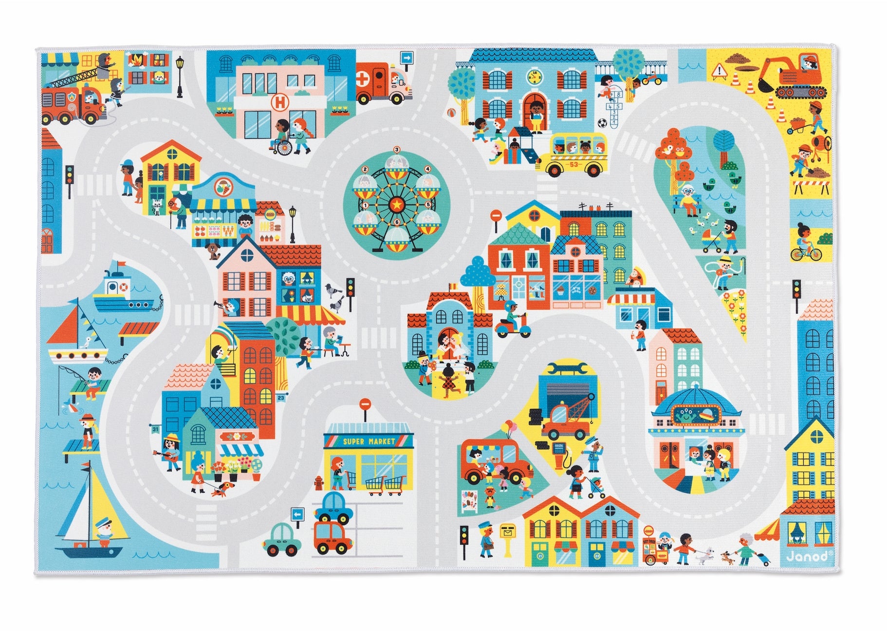Colorful children's play mat with roads and cityscape design on a white background