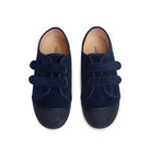 Pair of navy blue children's shoes with velcro straps on a white background