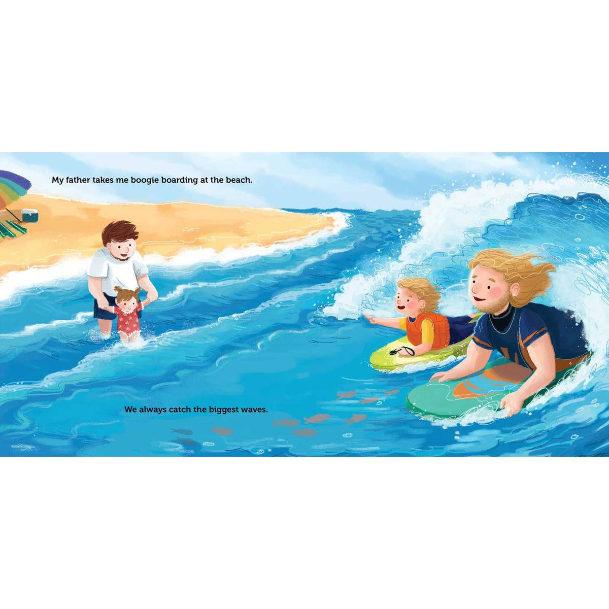 Illustration of a family at the beach with a child boogie boarding.