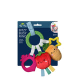 Colorful baby teething ring toy with packaging on a white background