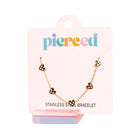 Gold bracelet on a 'pierced' branded card with a white background