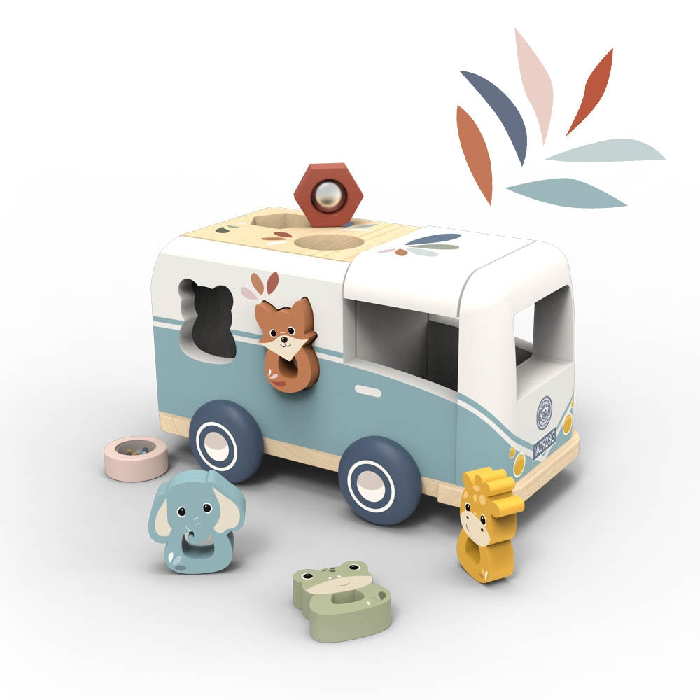 Wooden toy van with animal shapes on a white background