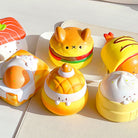 Set of cute food-themed squishies against a light background.