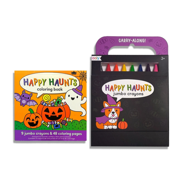 A Halloween-themed crayon and coloring book set on a white background. On the left is a colorful book titled 'Happy Haunts Coloring Book' with pumpkin, ghost, bat, and witch illustrations.