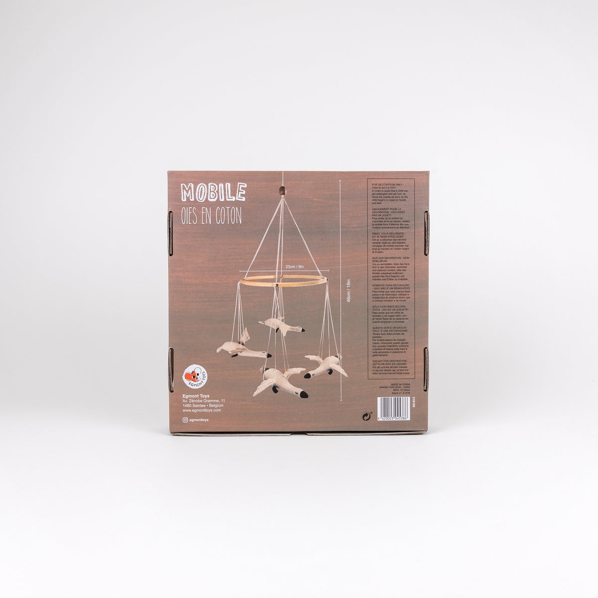 The packaging box of a cotton bird mobile, showing the front illustration of the mobile and the side text details on a light gray background.