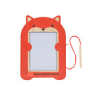 Red cat-shaped drawing board with a string and wooden stick on a white background