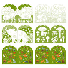 Set of forest-themed cards with animals and nature illustrations on a green background.