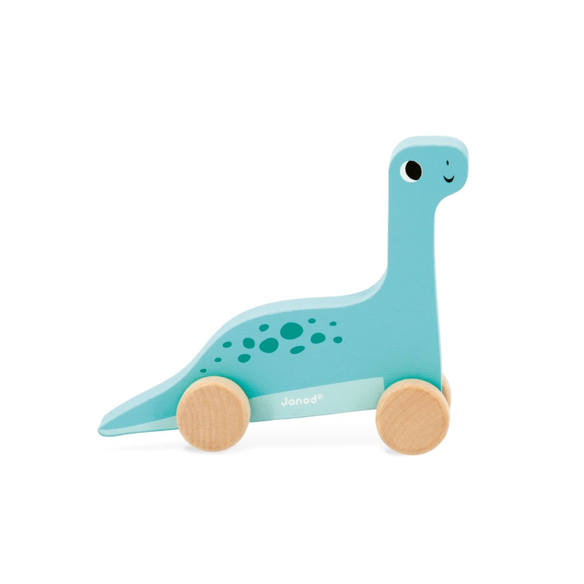A wooden toy dinosaur pull cart in a light turquoise blue color with natural wood wheels and the brand name 'Jana&' printed on the side, set against a plain white background.