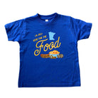 Blue t-shirt with yellow text and graphics on a white background
