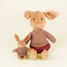 Two plush stuffed rabbits posed together on a plain light cream background. The larger rabbit wears a brown knit sweater and burgundy pants, while the smaller rabbit wears a matching brown knit sweater.