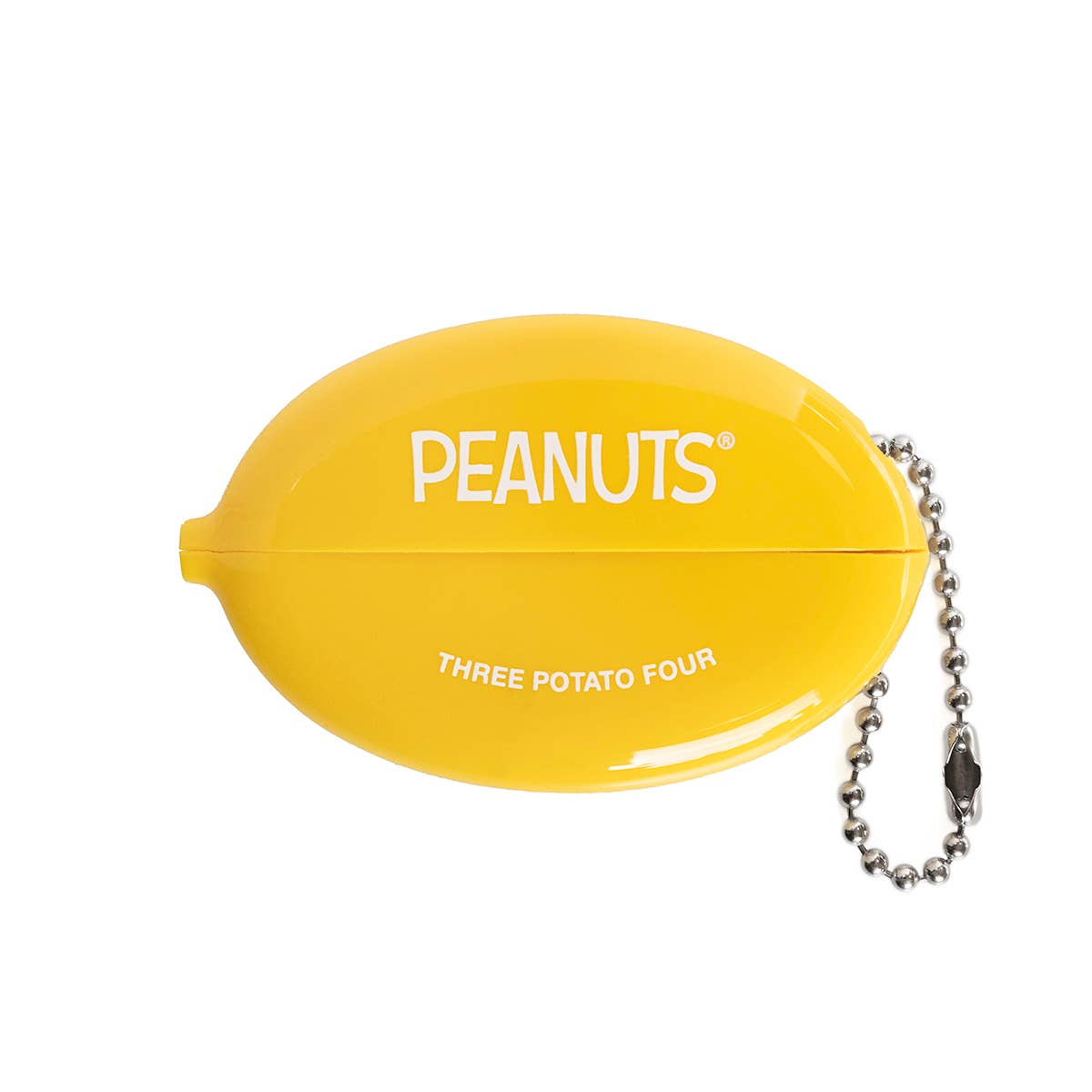 Yellow oval container with 'Peanuts' and 'Three Potato Four' text on a white background