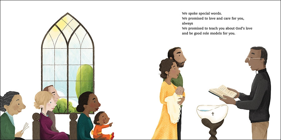 Illustration of a family at a church with a priest, featuring a stained glass window and text about love and care.