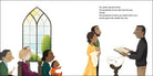 Illustration of a family at a church with a priest, featuring a stained glass window and text about love and care.