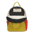 Colorful backpack with open front pocket on a white background
