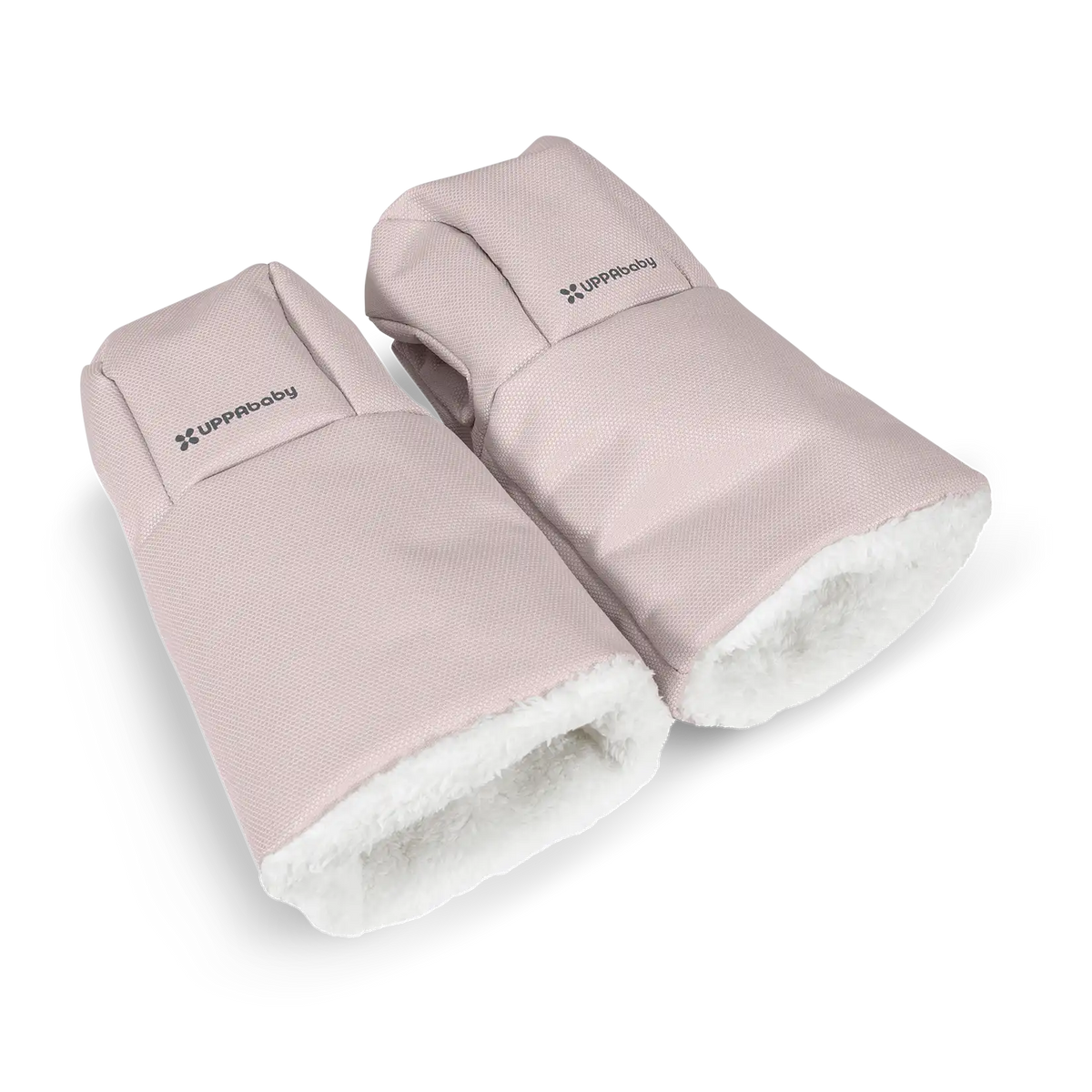 A pair of light pink winter boot covers with white fleece lining, featuring the Lippibaby brand logo on the cuff, shown on a clean white background.