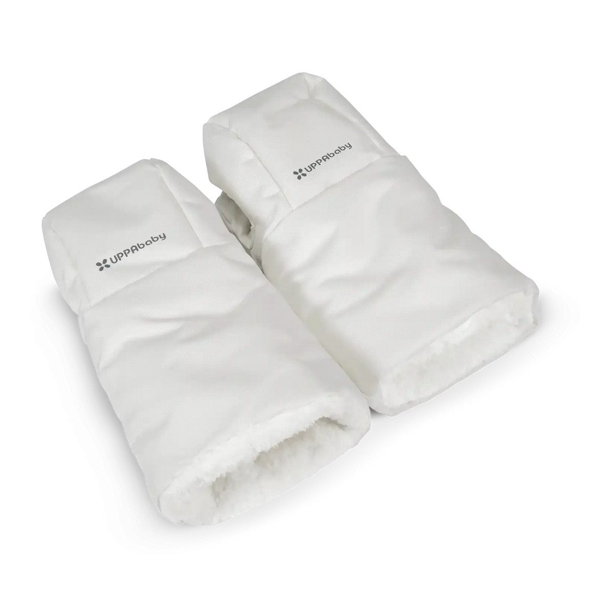A pair of white Upposity padded sleeve protectors with soft fleece lining, shown on a clean white background.