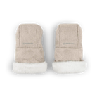 A pair of beige knit mittens with white faux-fur trim, shown from the back on a clean white background.