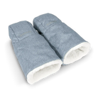 A pair of light blue denim winter gloves with a soft white fleece lining, shown on a clean white background.