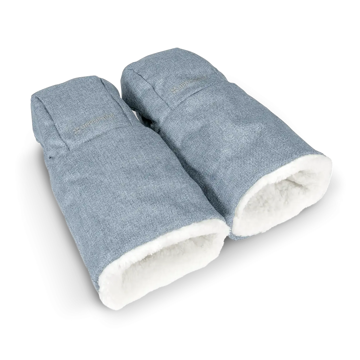 A pair of light blue denim winter gloves with a soft white fleece lining, shown on a clean white background.