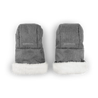 A pair of gray knit baby mittens with white faux-fur trim, shown flat against a white background. The brand name 'unpridebaby' is printed in white on the front of each mitten.