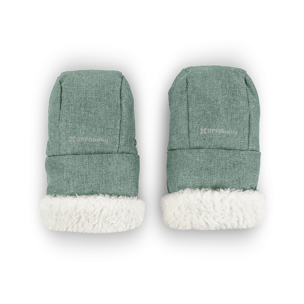 A pair of green knit baby booties with white sherpa lining, shown from the top on a white background.