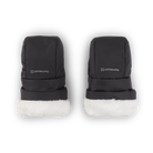 A pair of black winter mittens with white faux fur lining, shown from the back on a white background. The brand name 'UPPRibaby' is printed in white on the upper back of each mitten.