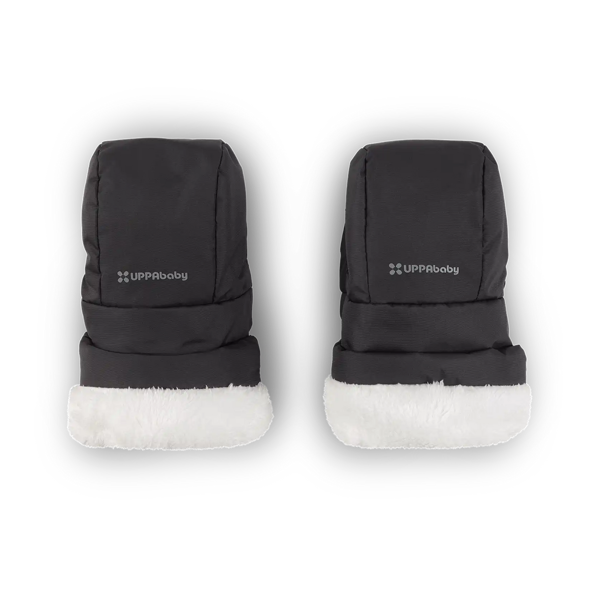 A pair of black winter mittens with white faux fur lining, shown from the back on a white background. The brand name 'UPPRibaby' is printed in white on the upper back of each mitten.